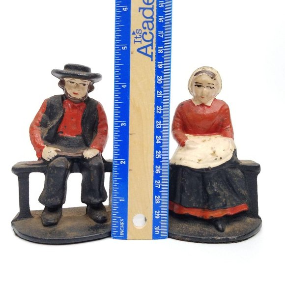 Vintage Cast Iron Amish Man Woman Bookends Pioneer - Picture 10 of 11